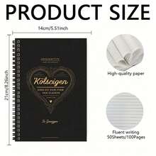 1pc Cologne Spiral Notebook, Black & Gold Color Scheme Showcases Elegance, Heart Pattern And German Text Add Unique Charm. 100 Pages High Capacity, Suitable For Work Records, Study Notes, Diary Writing, Also An Excellent Graduation Or Birthday Gift. - B - View 1