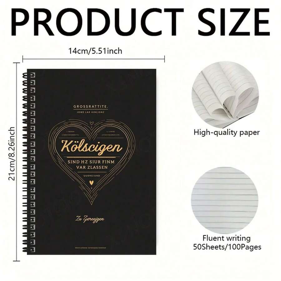 1pc Cologne Spiral Notebook, Black & Gold Color Scheme Showcases Elegance, Heart Pattern And German Text Add Unique Charm. 100 Pages High Capacity, Suitable For Work Records, Study Notes, Diary Writing, Also An Excellent Graduation Or Birthday Gift. - B - View 1