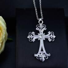 1pc Vintage European & American Cross Pendant Necklace, Inlaid With Rhinestones, Baroque Floral Pattern, Classical Religious Jewelry Cross Necklace - Pendant Necklace - View 6