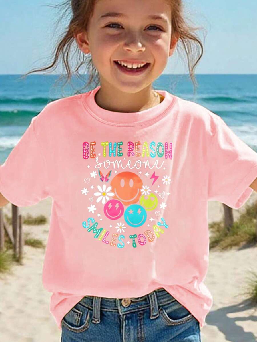 Be The Reason Someone Is Smiling Today. Printed T-Shirt For Kids. - 粉色 - 查看 1