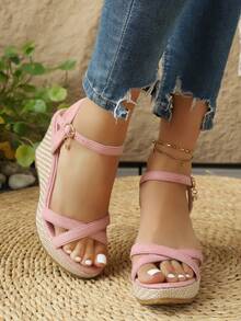 Sandal đế xuồng tiên nữ mùa hè mới, giày đế dày đa năng chống nước tăng chiều cao tôn dáng - Hồng - Xem 4