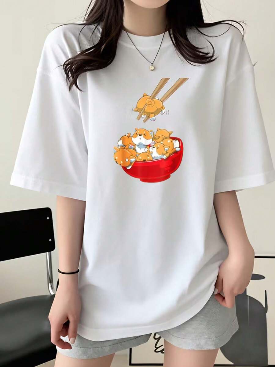 Fashionable Short-Sleeved T-Shirt For Ladies, Cute Little Bear Cool GIRL Letter Print Casual Loose-Fitting Women's 100% Pure Cotton Top, Women's Clothing - White - View 1