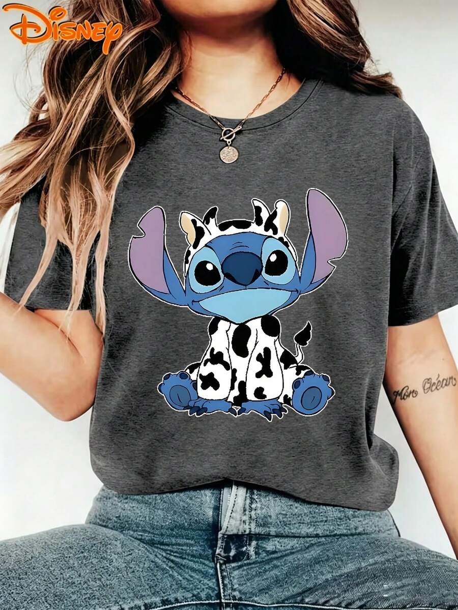 Disney Interstellar Baby Simple Lying Stitch Letter Printed Round Neck Short Sleeve T-Shirt, Women's Casual Simple Disney Journey Loose Summer Top, Summer Dress, Summer Top, Women's Top, Festival T-Shirt, Women's Summer Top, Independence Day, Festival Dress, Gifts For Family And Friends, Women's Spring Dress, Officially Authorized Disney T-Shirt, Disney Men's And Women's Spring/Summer Fashion Casual Short Sleeve T-Shirts - Dark Grey - View 1