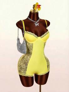Mono Sexy con Encaje y Parches para Mujer de - Amarillo - Ver 7