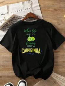 Women's Short-Sleeved T-Shirt, Printed With "When Life Gives You Lemons, Make A CAIPIRINA", Round Neck, Casual Women's Clothing, Comfortable Fit, Classic Design. - 黑色 - 查看 6
