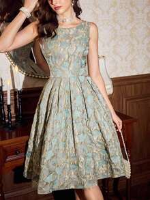 Vestido de mujer elegante y vintage con estampado floral de jacquard para fiestas, festivales y eventos elegantes. Vestidos largos elegantes para fiestas para mujeres en otoño, invierno, Navidad, Halloween y Año Nuevo. - Verde pastel 2 - Ver 3