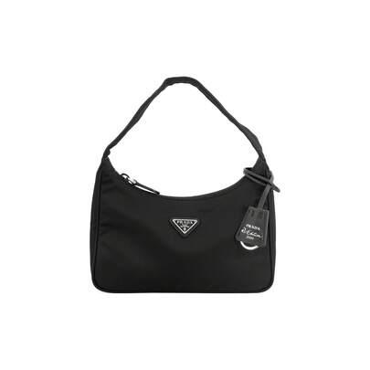  PRADA Re-Edition 2000 Hobo, Classic Silver Buckle Triangle Logo Zip Closure, Underarm Bag/Handbag, Rec Ycled Nylon, Mini Women's Shoulder Bag, Black.