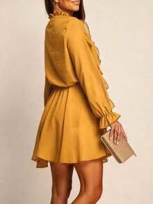 Vestido de manga larga con volantes y cordón de unicolor elegante y de moda para uso diario y citas, primavera - Amarillo - Ver 4