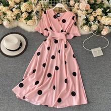 Vestido vintage hasta la rodilla para mujer, nuevo diseño 2020, con cinturón, adelgazante, con lazo en la cintura, vestido de... - Rosa - Ver 4