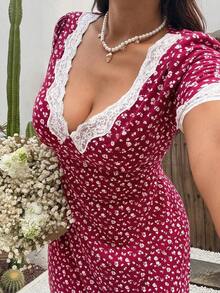 Vestido de encaje floral rojo vintage con escote en V, vestido romántico francés de cintura ceñida y longitud hasta la rodilla, con vibra de vacaciones - Burdeos - Ver 4