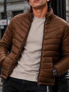 Men's HPC Polo Fleece Puffer Jacket, Warm, Casual, Basic, No Hood, Youthful And Modern Style, Ideal For Winter Or Cold Weather - 棕色 - 查看 1