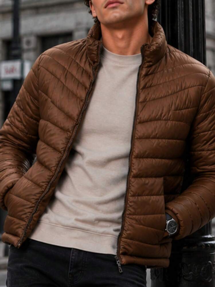 Men's HPC Polo Fleece Puffer Jacket, Warm, Casual, Basic, No Hood, Youthful And Modern Style, Ideal For Winter Or Cold Weather - màu nâu - Xem 1