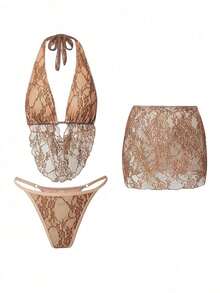 Swim  Conjunto de traje de baño de 3 piezas con parte superior de bikini halter sin espalda con encaje y cuentas, Bottom fruncida y falda de encaje, un conjunto de ropa de baño sexy y atrevido de vanguardia para mujeres, adecuado para primavera, vuelta al colegio, festival de música, vacaciones, San Valentín, Año Nuevo, Día de la Madre, Día Internacional de la Mujer, salida familiar - Café integral - Ver 2