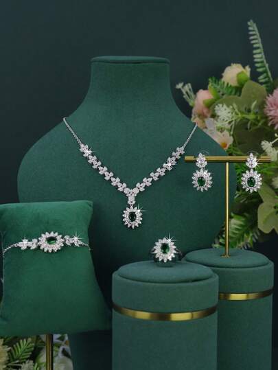 5pcs White Gold Plated Elegant Sunflower Design Bridal Wedding Jewelry Set, Handset Green Cubic Zirconia, Including Necklace, Bracelet, Earrings, Ring, Suitable For Daily Wear And Wedding, Wedding Anniversary Gift