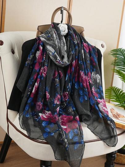 1pc Fashion Printed Scarf Women's Satin Shawl, Luxury 80*180CM Neckerchief, Outdoor Trending Long Scarf For Travel