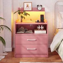 Mesita de Noche LED con Estación de Carga, Mesita de Noche con 2 Cajones y Espacio de Almacenamiento Abierto, Mesa de Noche con Luces LED, Mesa Auxiliar Moderna con Puertos USB y Enchufes - Rosa - Ver 2