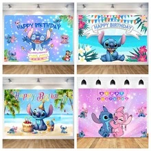 Lilo & Stitch Birthday Backdrop, Polyester Hawaiian Beach Theme Photo Background With Cartoon Characters, Waterproof Wrinkle-Resistant Birthday Party Photography Decoration Banner - Multicolor - View 1