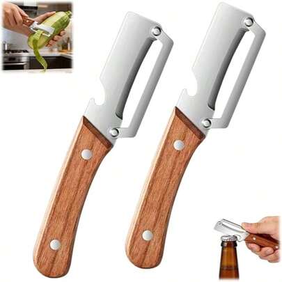Premium Stainless Steel Vegetable Peeler With Wooden Handle 2 Pack Multi-Functional Fruit Peeler With Bottle Opener Ergonomic Non Slip Grip Effortless Peeling Tool For Potato Carrot Apple Pumpkin Kitchen Essentials Kitchen Decor Cooking Daily Use