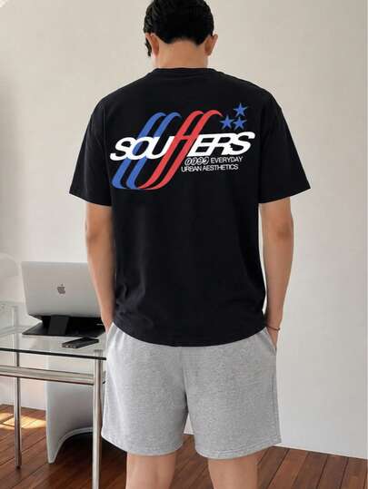 Men's Casual Sports Outfit For Summer, SOUHERS Short Sleeve Round Neck Loose Waist Shorts, Suitable For Home, Outdoor, City, Street, Campus, Retro, Versatile, Quality, Personalized