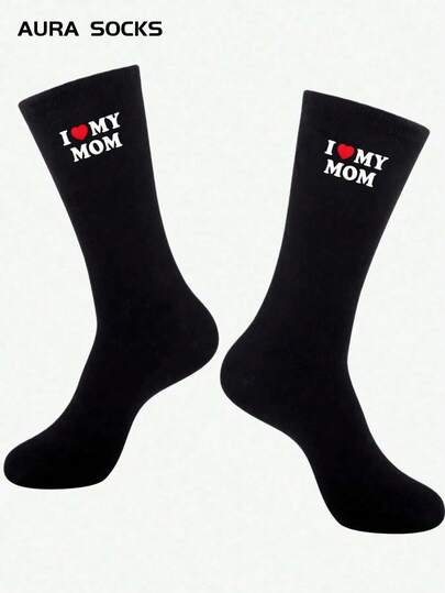 1/3 Pairs Unisex Black Mid-Calf Socks "I Love My Mom", Mother's Day Gift, Interesting & Novel, Birthday Gift, Casual Daily Wear
