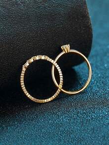 Juego de caja de regalo, juego de anillos dorados con circonita cúbica, anillo de banda retorcida + anillo de circonita de diamante individual, joyería minimalista para que las mujeres apilen - Dorado - Ver 4
