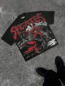 Break The SystemMen's Washed Vintage Crewneck T-Shirt, 100% Cotton 180GSM, Godspeed Highway Car Print, Retro Faded Style, American Streetwear, - 黑色2 - 查看 1