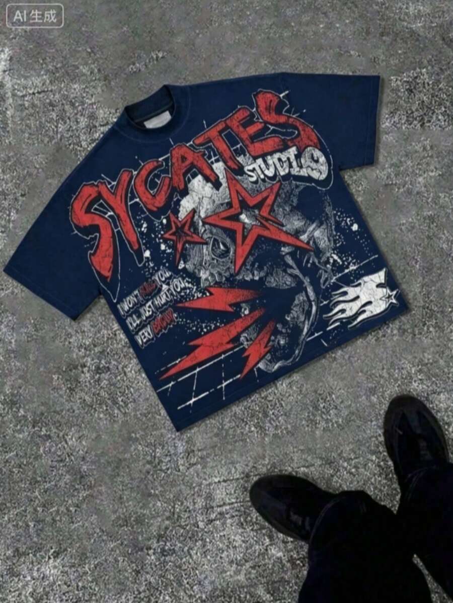 Break The SystemMen's Washed Vintage Crewneck T-Shirt, 100% Cotton 180GSM, Godspeed Highway Car Print, Retro Faded Style, American Streetwear, Summer Outfit, For Daily Commute, Streetwear, Music Festivals, Friends Gatherings, Valentine's Day Gift For BoyfriendRound Neck Loose Fit T-Shirt - Xanh 2 - Xem 1