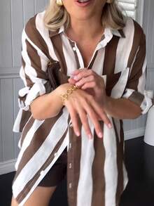 Plus Size Women's Casual Loose Fashion Versatile Simple Coffee Brown Striped Shirt, Women's Leisure Top, Resort Wear - Brown - View 3