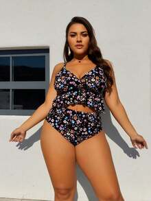 Plus Size Black Ditsy Floral Ruffle Hem High Waist Bikini Set - 彩色 - 查看 2
