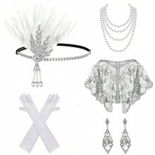 Bộ 5 món: Băng đô lông vũ phong cách retro thập niên 1920, khăn choàng đính sequin, vòng cổ ngọc trai giả, bông tai, găng tay đen - Phụ kiện trang phục cho dạ hội hóa trang, tiệc tùng, váy dạ hội trang trọng, đi biển, kỳ nghỉ, phụ kiện, đồ dùng cần thiết khi đi du lịch. - Nhiều màu - Xem 35