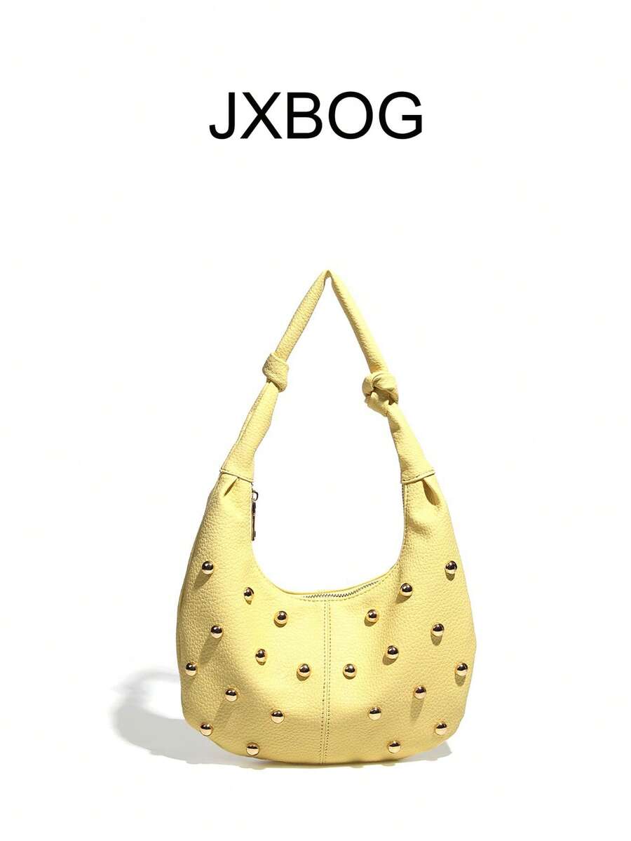 Tas Minimalis Warna Kuning Bentuk Bulan Sabit, Tas Komuter dengan Dekorasi Rivet Emas, Tas Bahu dengan Tali Simpul Rivet Emas, Tas Selempang Kulit Lembut Warna Kuning untuk Perjalanan Sehari-hari - Kuning - View 1