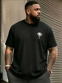 Men's Plus Size Sun Salt Palm Tree Print T-Shirt, Casual Loose Fit Crew Neck Short Sleeve T-Shirt, Black Summer Street Style - Black - View 4