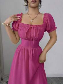 Nuevo vestido con mangas de globo de tela tejida con textura arrugada, con lazo delantero y fruncido trasero, que cintura la cintura, con silueta favorecedora, elegante vestido para ocasiones de vacaciones/casual para mujeres jóvenes - Rosa Fucsia - Ver 5