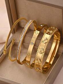 4 piezas/1 pieza Pulsera de acero inoxidable chapada en oro de 18 quilates para mujer. Pulsera de acero inoxidable de moda, accesorio de pulsera de anillo único en capas, pulsera de flor de cinco pétalos en 3D, brazalete de diamantes de imitación de una hilera, brazalete de acero inoxidable de circonita de alta calidad con incrustaciones de flores de cuatro pétalos, resistente al agua y a la decoloración, adecuada para uso diario, fiestas y reuniones, también como regalo para amigos y familiares, aplicable para el Día de San Valentín, Navidad y otras ocasiones festivas. - Dorado - Ver 1