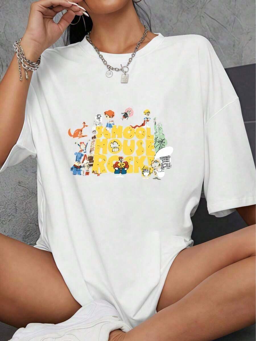 Witllent Women's T-Shirts 1 Piece 100% Cotton With Schoolhouse Rock Logo, Retro Cartoon 70s T-Shirt, Thick Cotton T-Shirt For Women, Casual Blouses For Ladies. - 白色 - 查看 1
