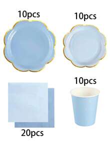 10pcs/20pcs/50pcs/80pcs Blue/Light Blue Gold Rim Paper Tableware Set, Blue 9" Dinner Plates + Light Blue 7" Dessert Plates + Blue Paper Cups + 6.5" Blue/Light Blue Paper Napkins, Scalloped Paper Plates For 1st Birthday, Baptism Party,Birthday,Wedding,Events,Festival,Picnic,Family Gathering Supplies Men Women - Blue Background With Gold Trim - View 11