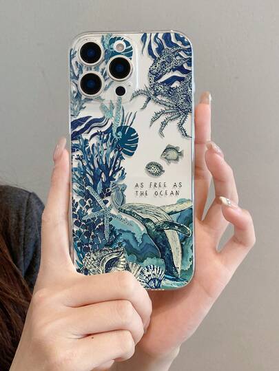 1pc Fashion Creative Full-Screen Coral Whale Small Fish Shell Pattern Anti-Scratch Anti-Fingerprint Transparent TPU Soft Case, Camera Lens Protection Compatible With Apple 11/12/13/14/15/16/17, Galaxy M34/S25/A15, Nothing, Pixel, Protective Cover