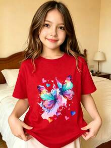 Corazones de Mariposa con Estampado de Patrón Colorido Camiseta estampada para niños - Rojo - Ver 1