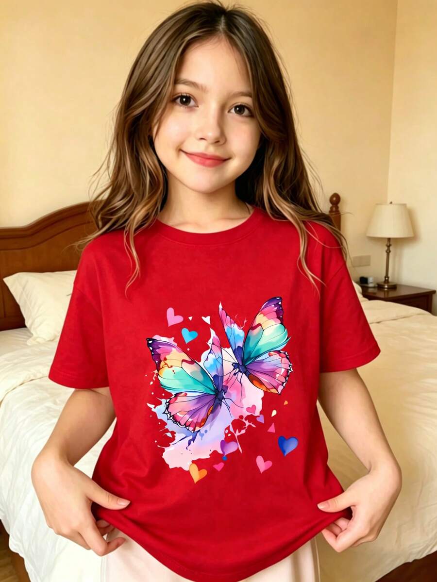 Corazones de Mariposa con Estampado de Patrón Colorido Camiseta estampada para niños - Rojo - Ver 1