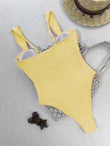 1 pieza Traje de baño de una sola pieza para mujer con forro, diseño de tirantes anchos minimalista y elegante, tono de color retro que irradia un encanto maduro para vacaciones en la playa, color blanco - Amarillo - Ver 6