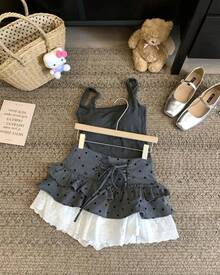 Slim Lace 2 Piece Set Y2K Plaid Sweet Goth Womens Dresses Vintage Punk Harajuku Korea Lolita Preppy 90s Ball Gown Gothic Basics - Bộ 2 món - Xem 5