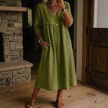 2026 New Casual Loose V-Neck Linen-Cotton Dress With Lace Trim - Yellow - View 5