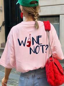 1件女款夏季寬鬆休閒短袖T恤上衣,趣味「Wine Not?」英文葡萄酒愛好者圖案印花粉色上衣 - 粉色 - 查看 3
