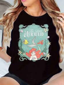 The Mermaid Ariel And Friends Undersea Scene Print Disney Women T Shirt Round Neck Short Sleeve Casual Summer Wear For Everyday And Holiday Soft Comfortable 220g - màu đen - Xem 1