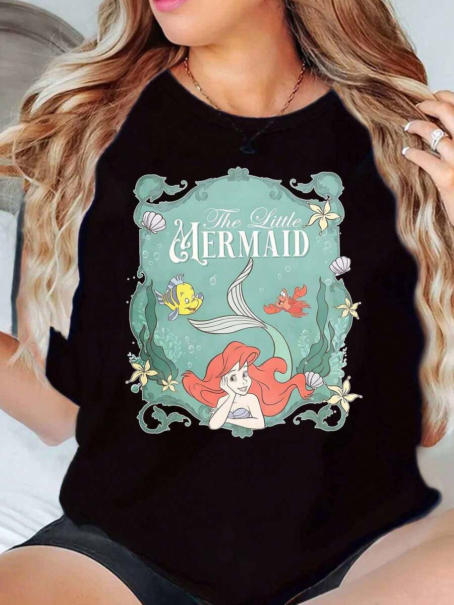 The Mermaid Ariel And Friends Undersea Scene Print Disney Women T Shirt Round Neck Short Sleeve Casual Summer Wear For Everyday And Holiday Soft Comfortable 220g - màu đen - Xem 1