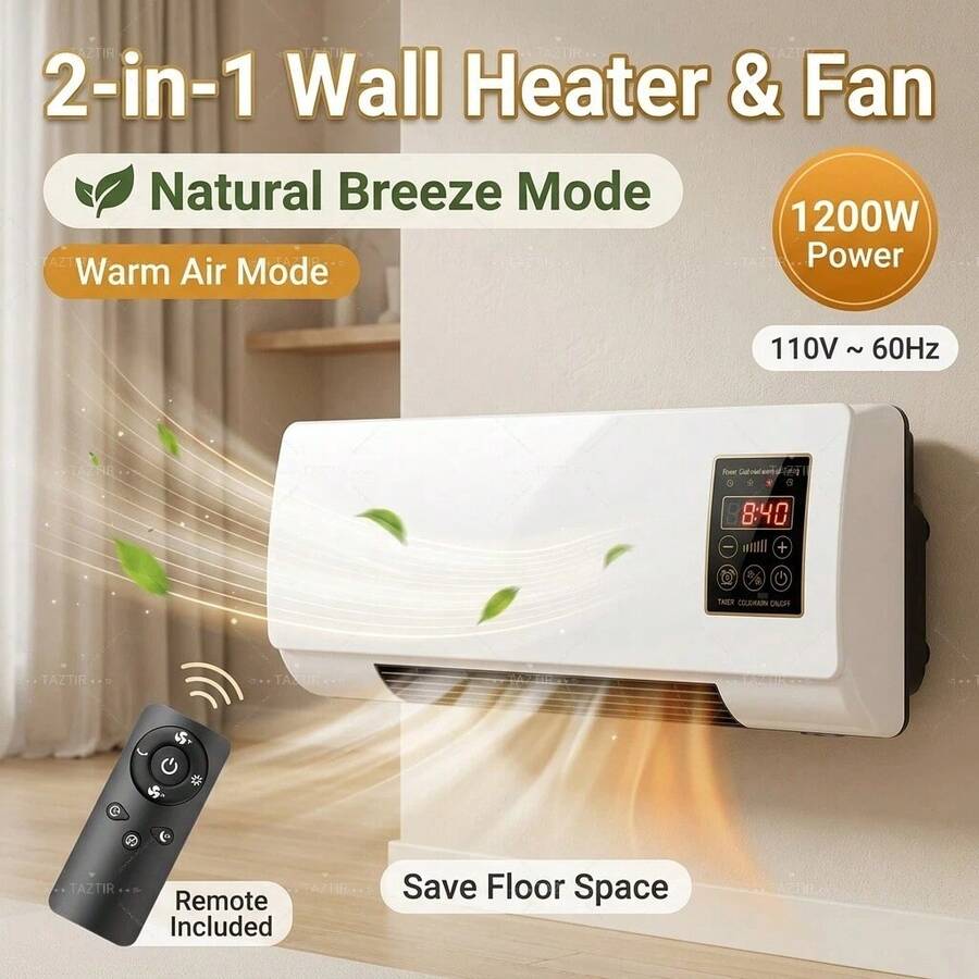 [All Season]1200W 2-In-1 Wall Mounted Heater & Cooling Fan Combo With Remote, PTC Ceramic Electric Space Heater For Bathroom Bedroom, LED Display Adjustable Thermostat, Summer Winter Dual Use For Home Dorm - White - View 1