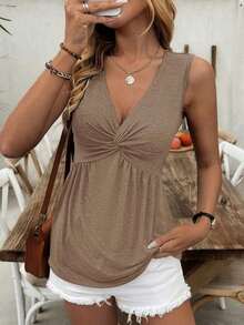 Camiseta sin mangas con cuello en V y retorcido delantero arrugado, para mujer, de verano - Caqui - Ver 2
