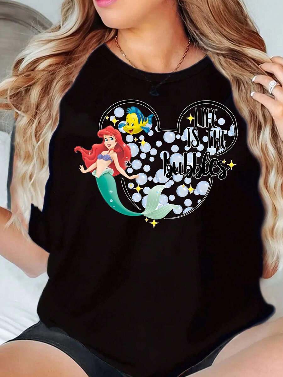 Ariel And Flounder In Mickey Mouse Shape With Bubbles And Life Is The Bubbles Text Disney Women T Shirt Round Neck Short Sleeve Casual Wear For Everyday And Summer Festivals Soft Comfortable 220g - màu đen - Xem 1