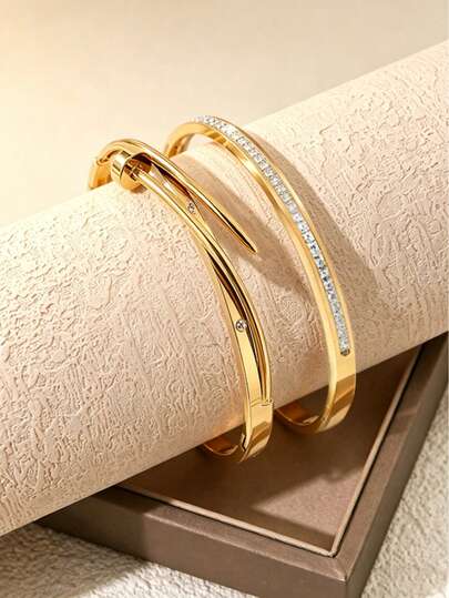 VceTd 1pc/2pcs Luxury & Elegant Stainless Steel Bracelet With Glass Inlay Star And Asymmetrical Geometric Design, Suitable For Women's Daily Wear, Vacation, Formal Events Or As Gift