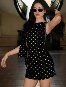 Vestido mini ajustado con estampado de lunares asimétrico y tirantes, elegante negro para primavera/verano - Negro - Ver 1